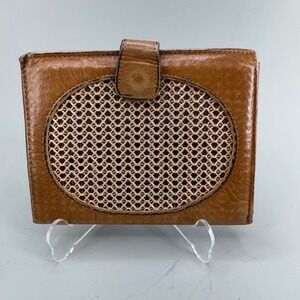 Princess Gardner Bifold Wallet Tan Leather Vintage Woven Kiss Lock
